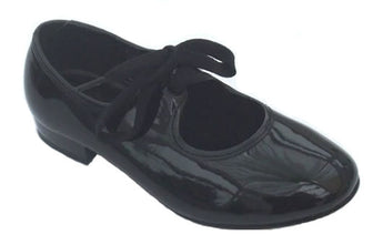 Black patent tap shoes for adults and children.